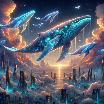 Primary subject: Whale
Setting/background: Sky
Visual style: Digital art
Colors and mood: Blue, purple, and orange